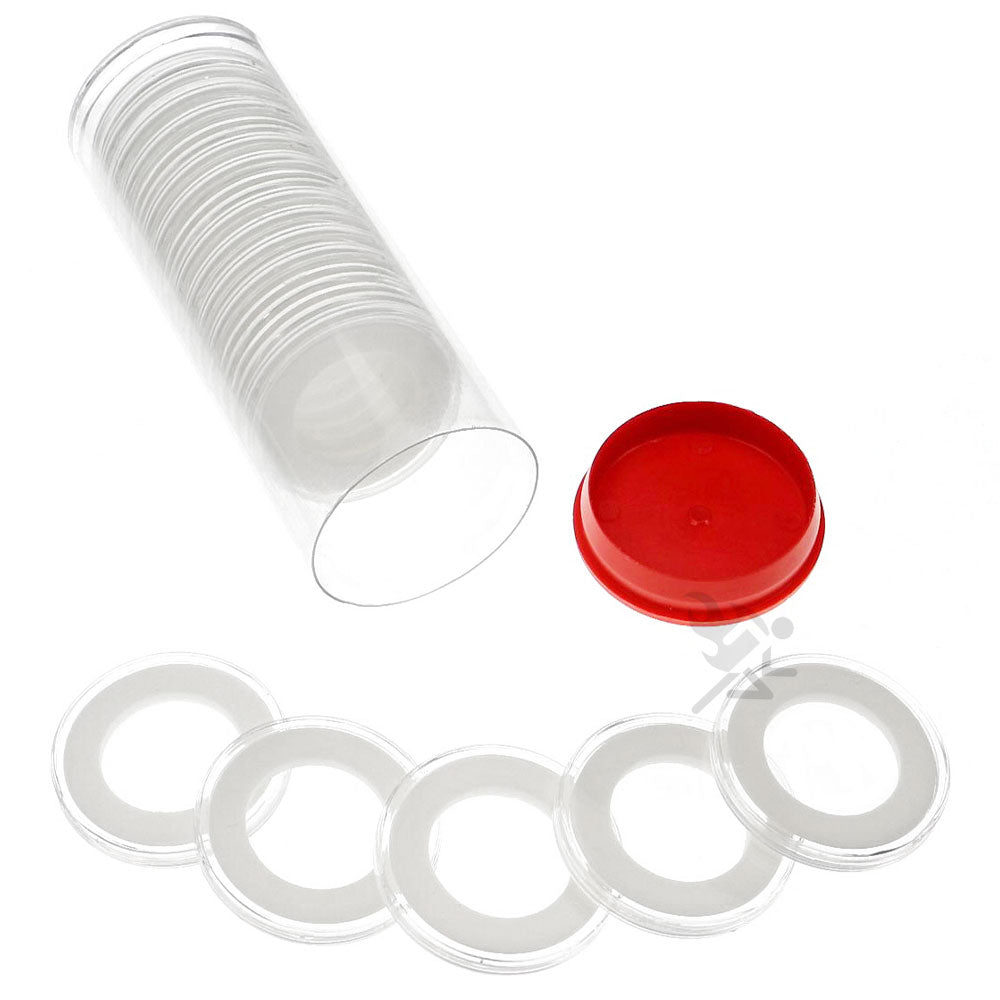 Capsule Tube & 20 Ring Fit 26mm Coin Holders for Presidential Dollars