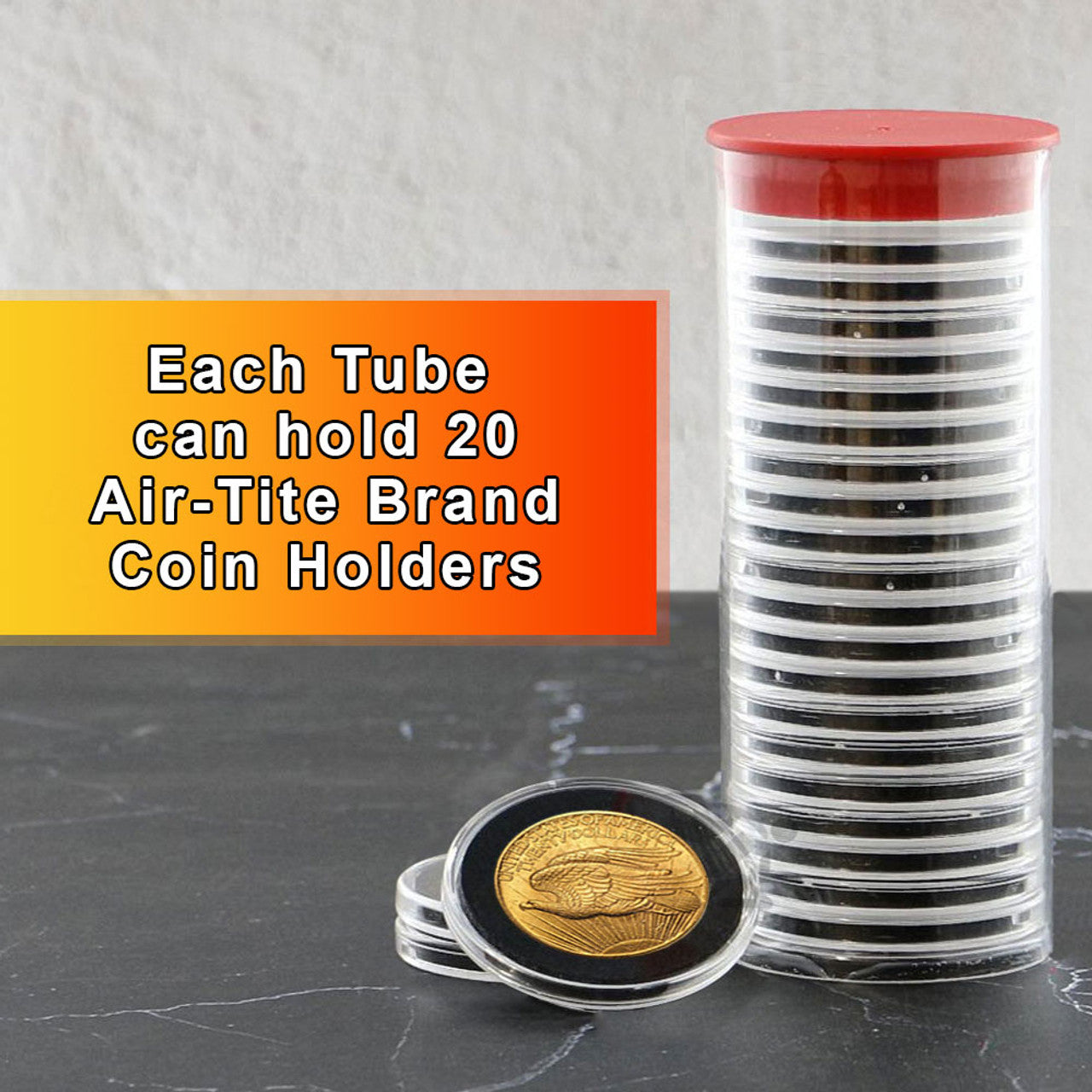 Capsule Tube & 20 Ring Fit 34mm Coin Holders for 1/2oz Silver Maple Leaf