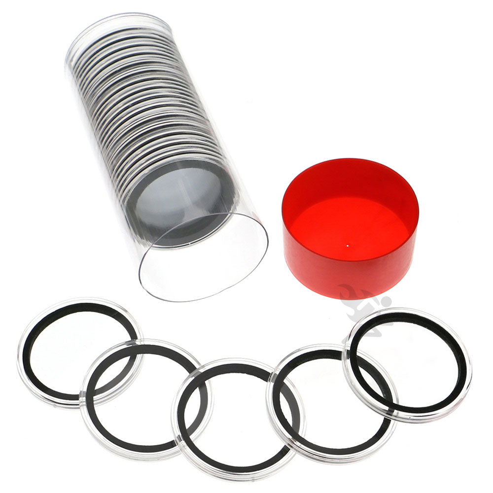Capsule Tube & 20 Ring Fit 41mm Coin Holders for Casino Tokens & Chips