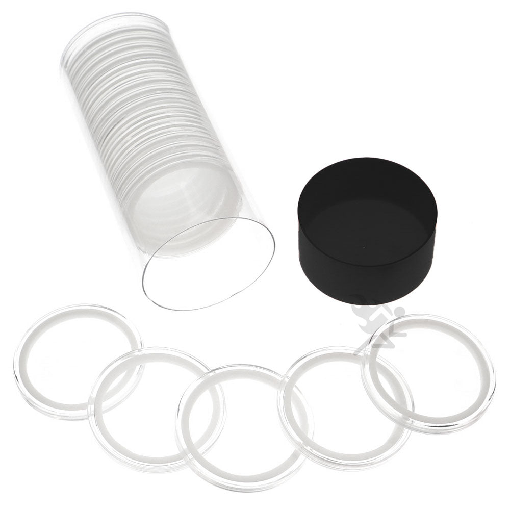 Capsule Tube & 20 Ring Fit 41mm Coin Holders for Casino Tokens & Chips