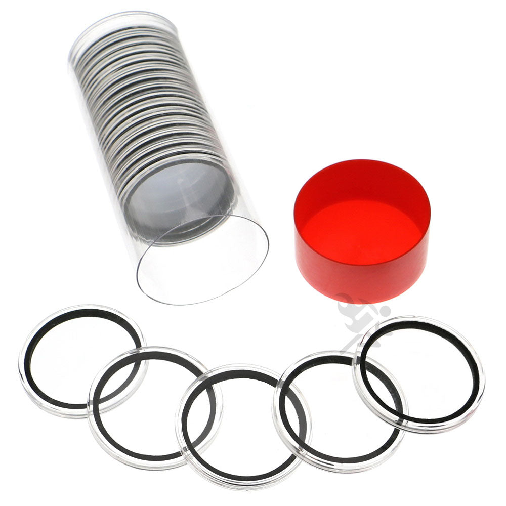 Capsule Tube & 20 Ring Fit 42mm Coin Holders for Casino Tokens & Chips