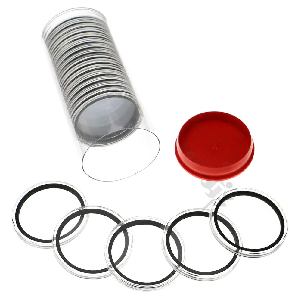 Capsule Tube & 20 Ring Fit 42mm Coin Holders for Casino Tokens & Chips