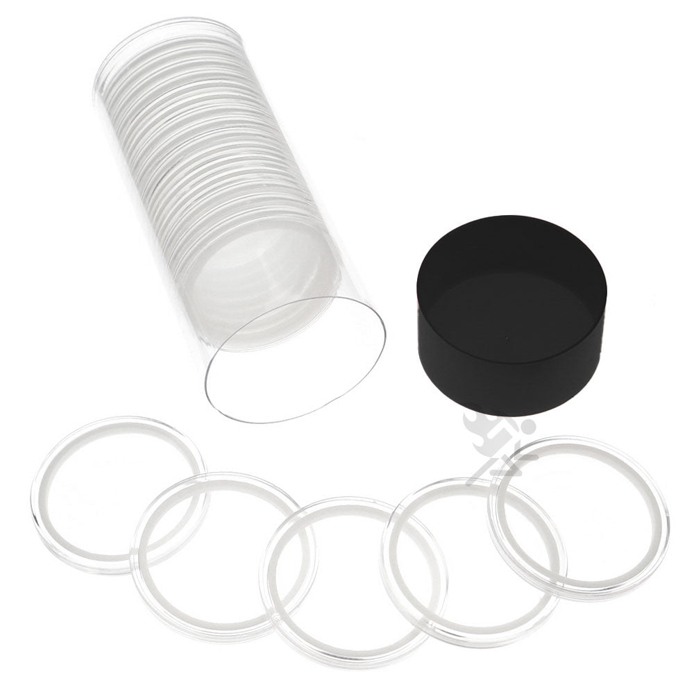 Capsule Tube & 20 Ring Fit 42mm Coin Holders for Casino Tokens & Chips