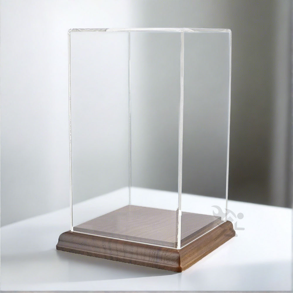 Acrylic Display Box 6" x 6" x 9" Dustproof Showcase with Solid Walnut Base