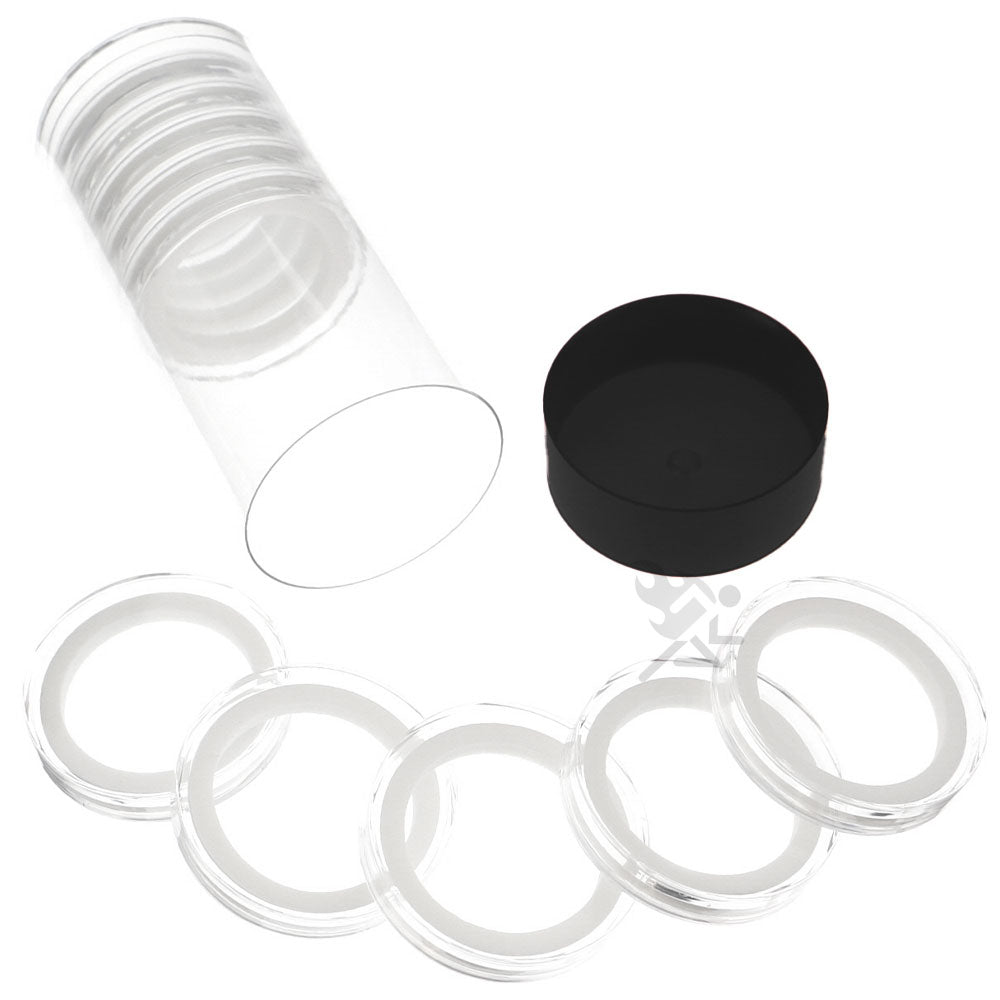 Capsule Tube & 10 High Relief 40mm Ring Fit Coin Holders for 2oz Elemetal Coins