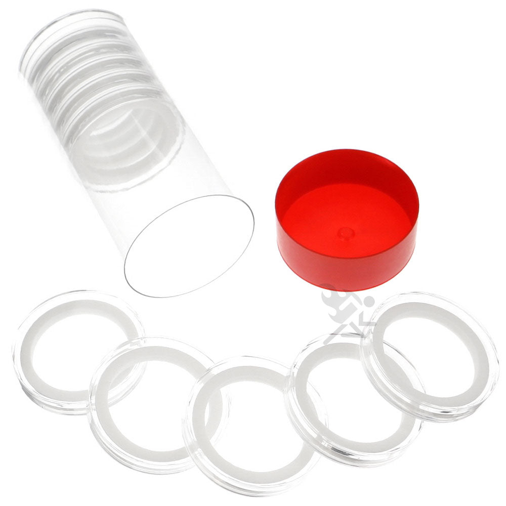 Capsule Tube & 10 High Relief 40mm Ring Fit Coin Holders for 2oz Elemetal Coins