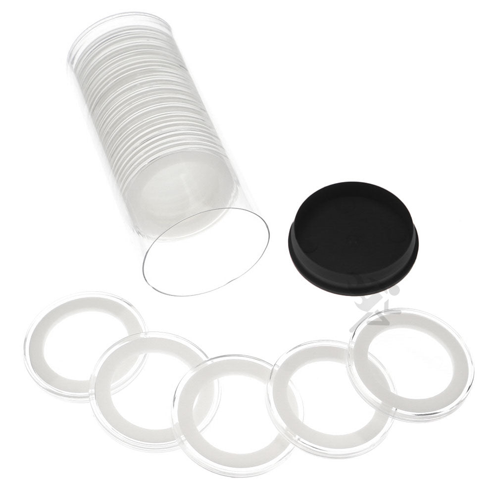 Capsule Tube & 20 Ring Fit 35mm Coin Holders for Three Shillings