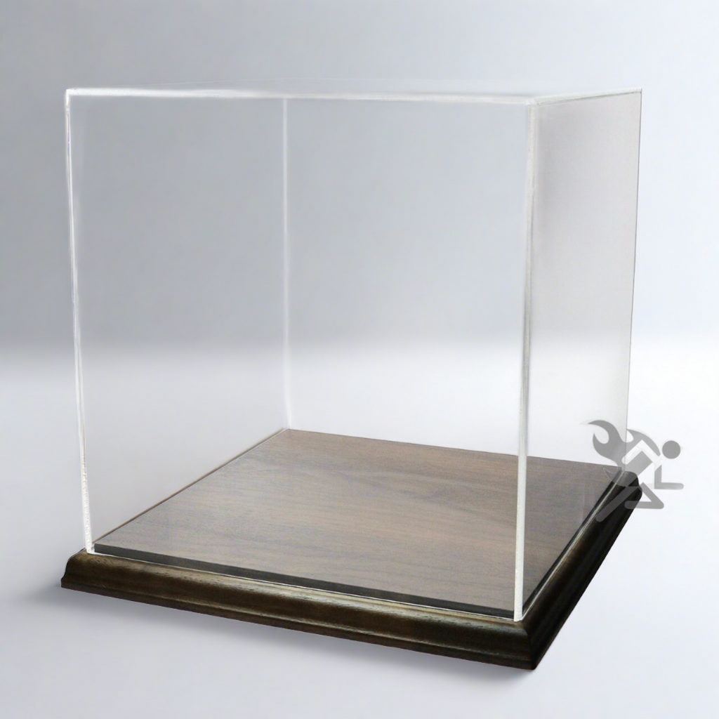 Acrylic Display Box 8" x 8" x 8" Dustproof Showcase with Solid Walnut Base