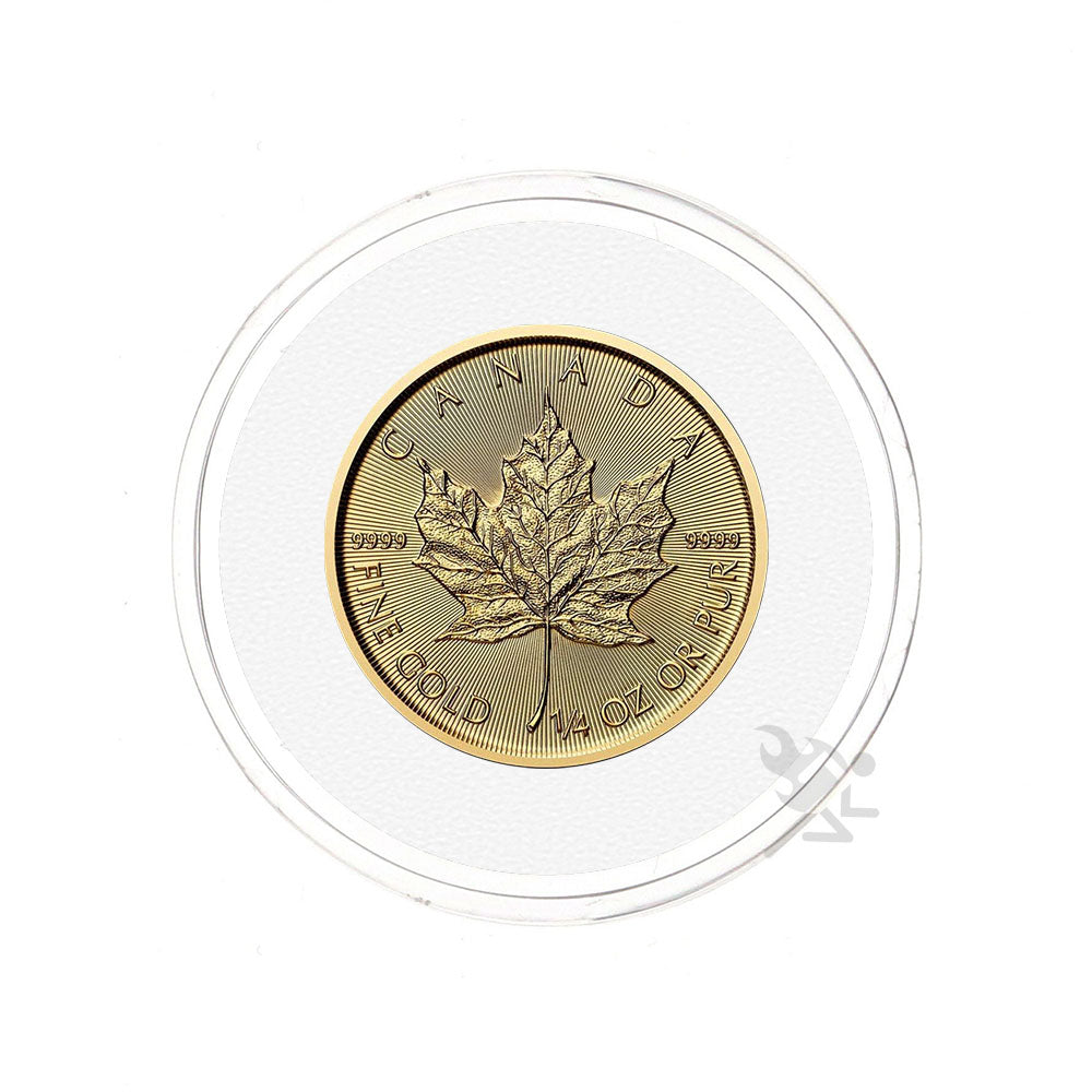 OnFireGuy 20mm Gold maple leaf coin in a clear protective case on a white background