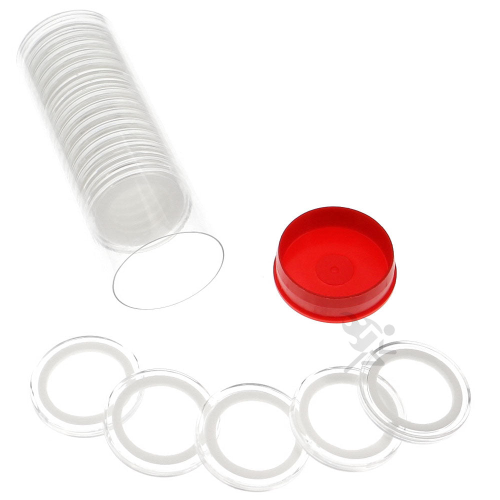 Capsule Tube & 20 Ring Fit 25mm Coin Holders for 1/2oz Gold Maple Leaf