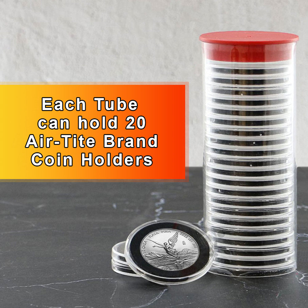Capsule Tube & 20 Ring Fit 33mm Coin Holders for 1/2oz Silver Libertad