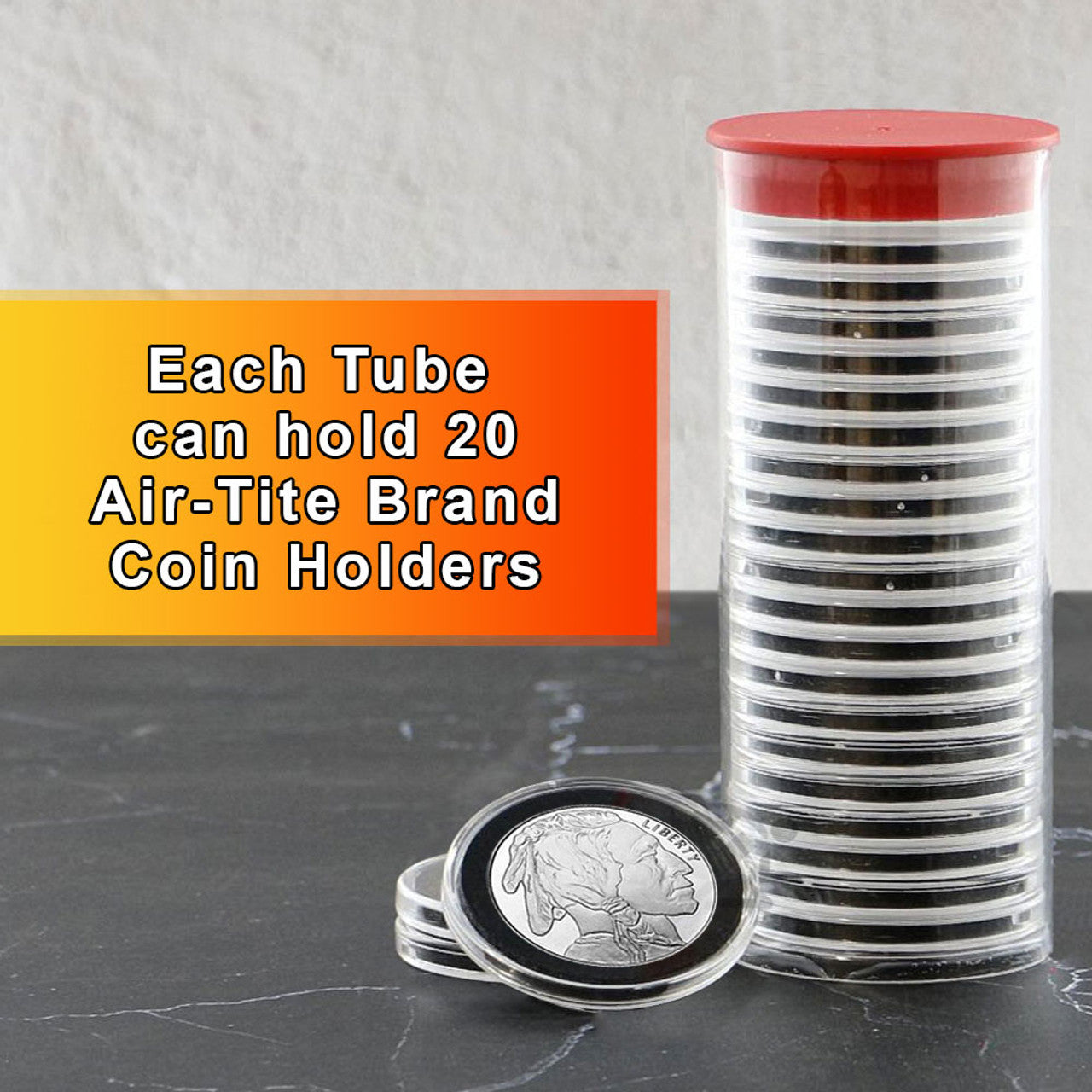 Capsule Tube & 20 Ring Fit 39mm Coin Holders for 1oz Silver Rounds