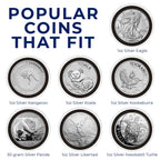 Air-Tite 40mm Black Ring Coin Holders by OnFireGuy - Popular Coins that Fit - 1oz Silver Eagle, 1oz Silver Kangaroo, 1oz Silver Koala, 1oz Silver Kookaburra, 30 gram Silver Panda, 1oz Silver Libertad, 1oz Silver Hawksbill Turtle
