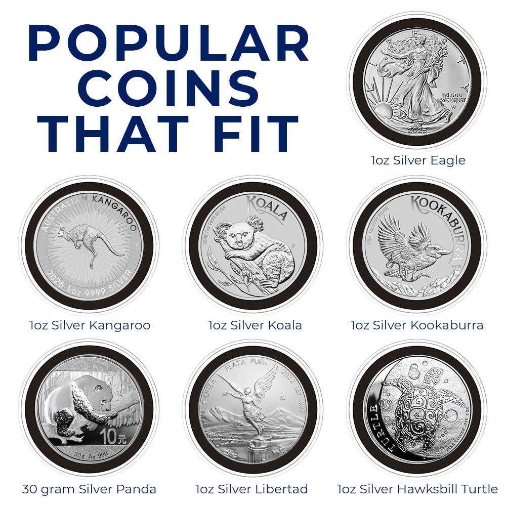 Air-Tite 40mm Black Ring Coin Holders by OnFireGuy - Popular Coins that Fit - 1oz Silver Eagle, 1oz Silver Kangaroo, 1oz Silver Koala, 1oz Silver Kookaburra, 30 gram Silver Panda, 1oz Silver Libertad, 1oz Silver Hawksbill Turtle