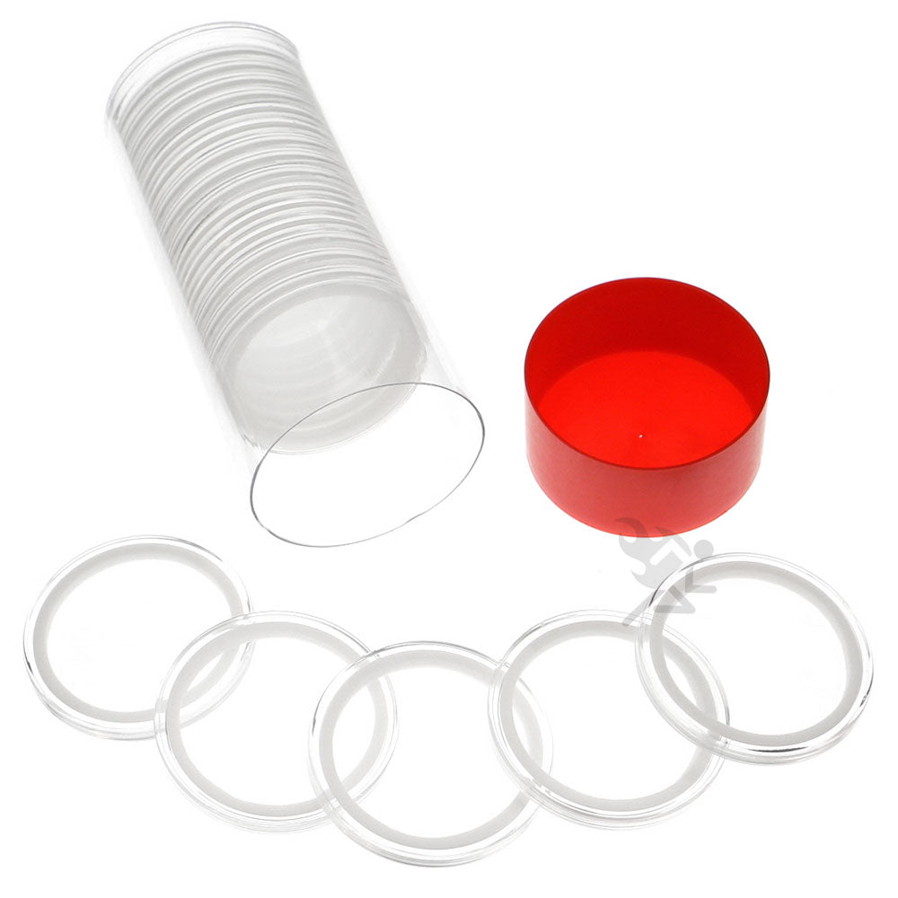 Capsule Tube & 20 Ring Fit 41mm Coin Holders for Casino Tokens & Chips