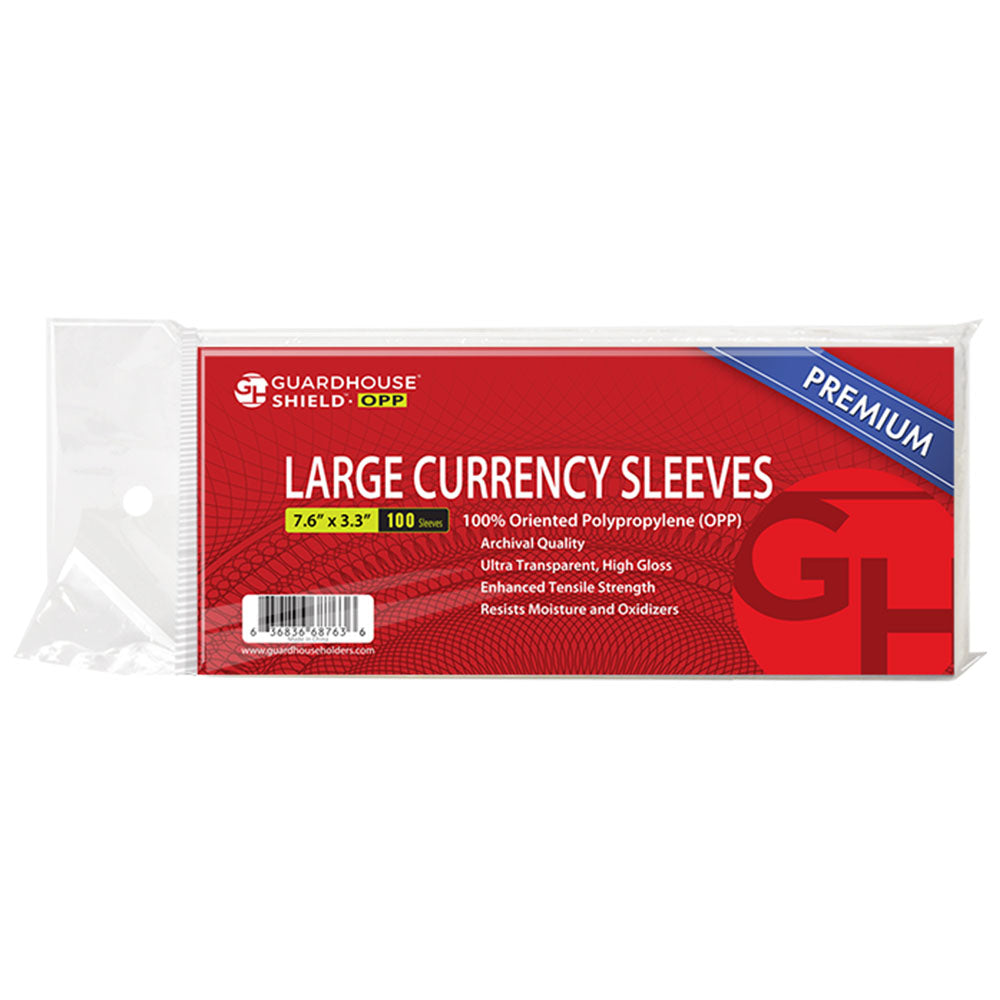 Premium OPP Large Currency Sleeves for Large Bills, 100 Pack