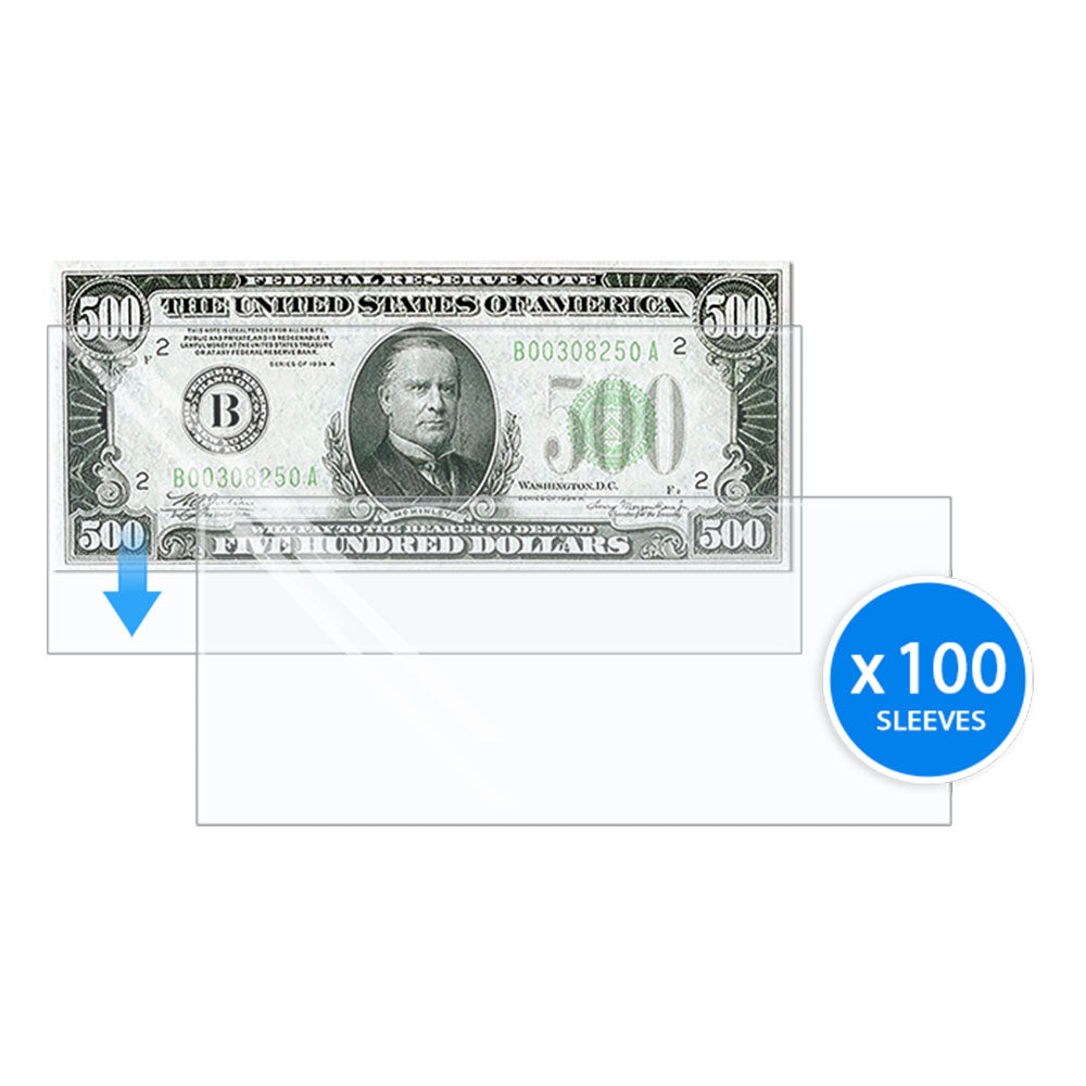 Premium OPP Large Currency Sleeves for Large Bills, 100 Pack