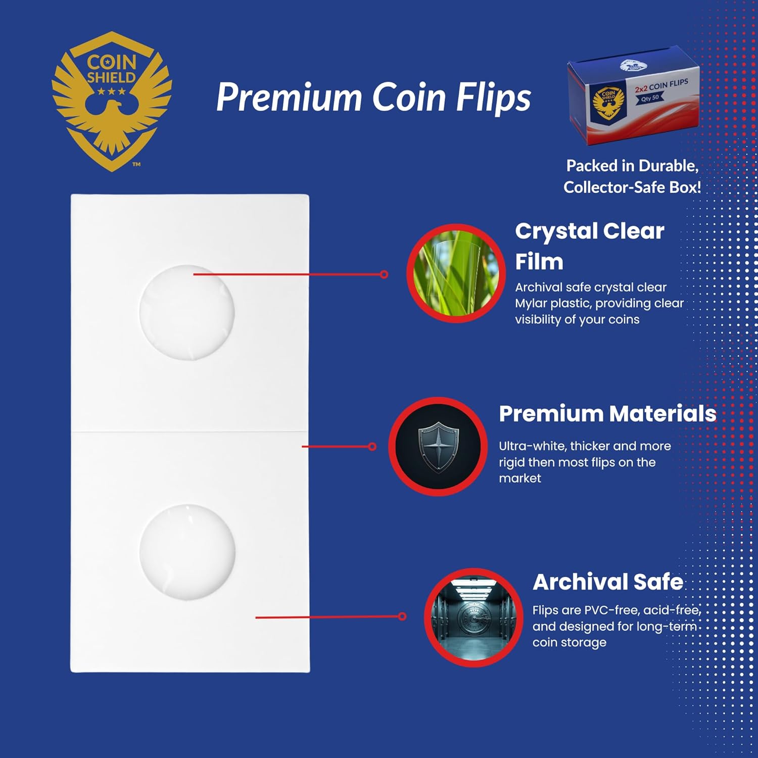 50 Large Dollar 2x2 Premium Cardboard Coin Flips Paper Holders Mylar Archival Safe Storage