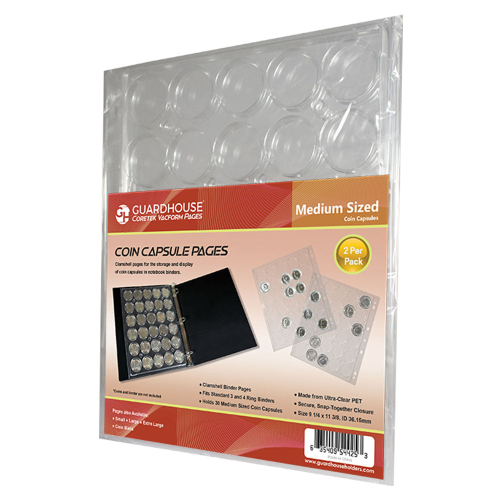 Coin Capsule Album Pages 30 MED - Model "T" Capsules per Page (2 Pages per Pack)