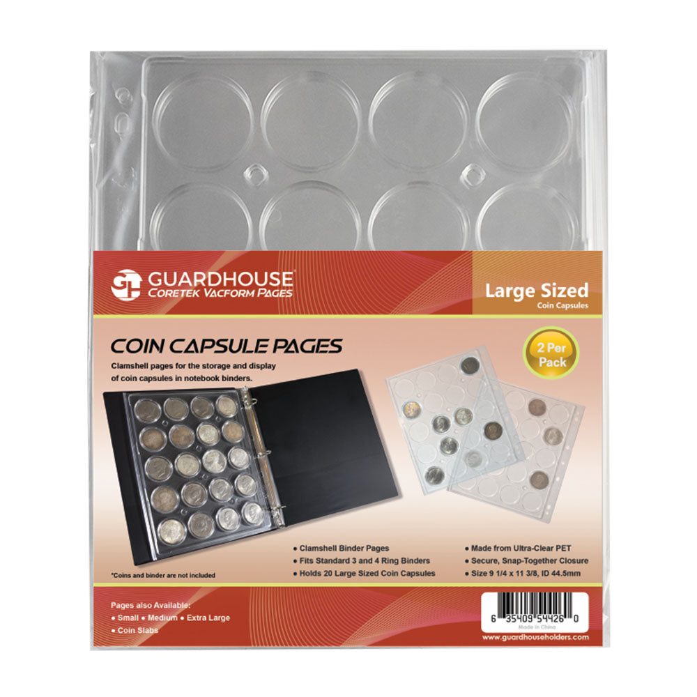Coin Capsule Album Pages 20 LRG - Model "H" Capsules per Page (2 Pages per Pack)