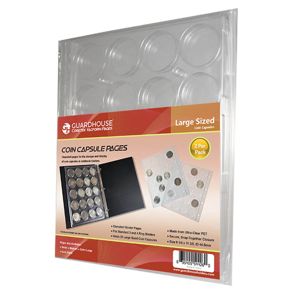 Coin Capsule Album Pages 20 LRG - Model "H" Capsules per Page (2 Pages per Pack)