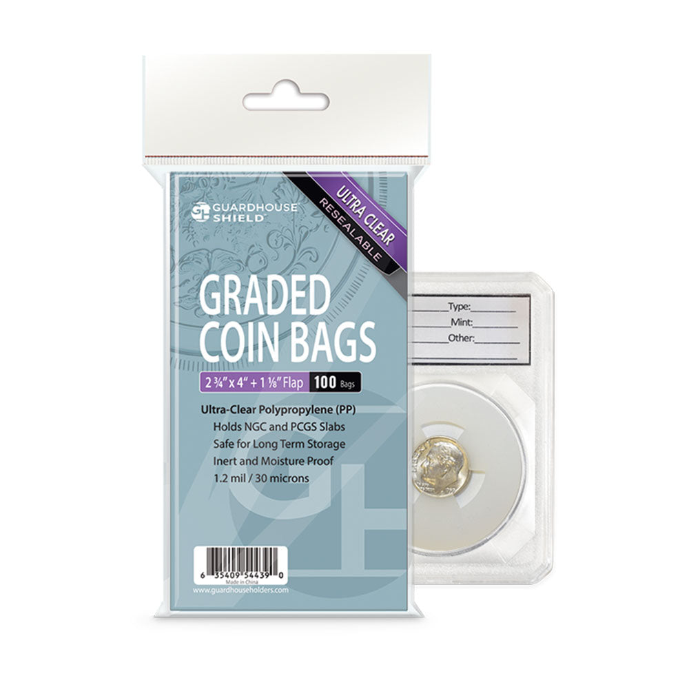 Resealable Graded Coin Slab Protector Bags for Certified Slabs or 10oz Silver Bars, 100 Bags