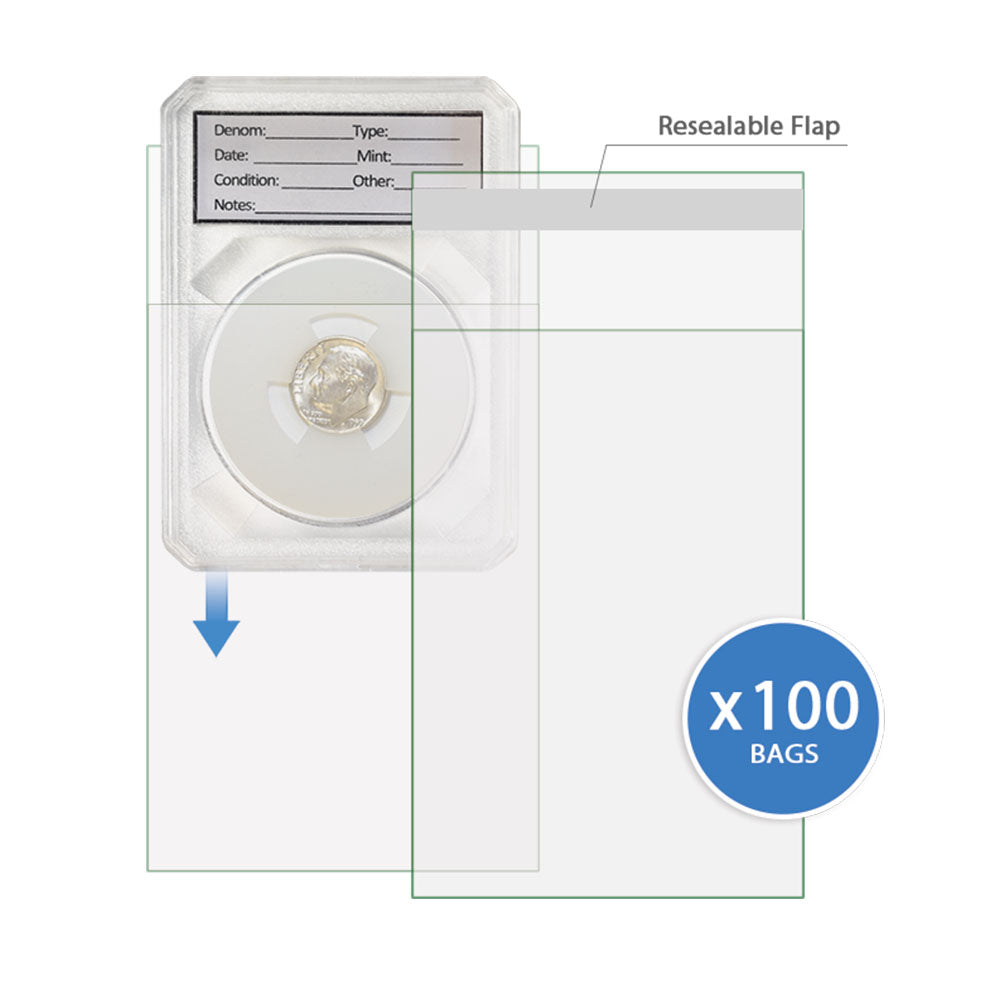 Resealable Graded Coin Slab Protector Bags for Certified Slabs or 10oz Silver Bars, 100 Bags