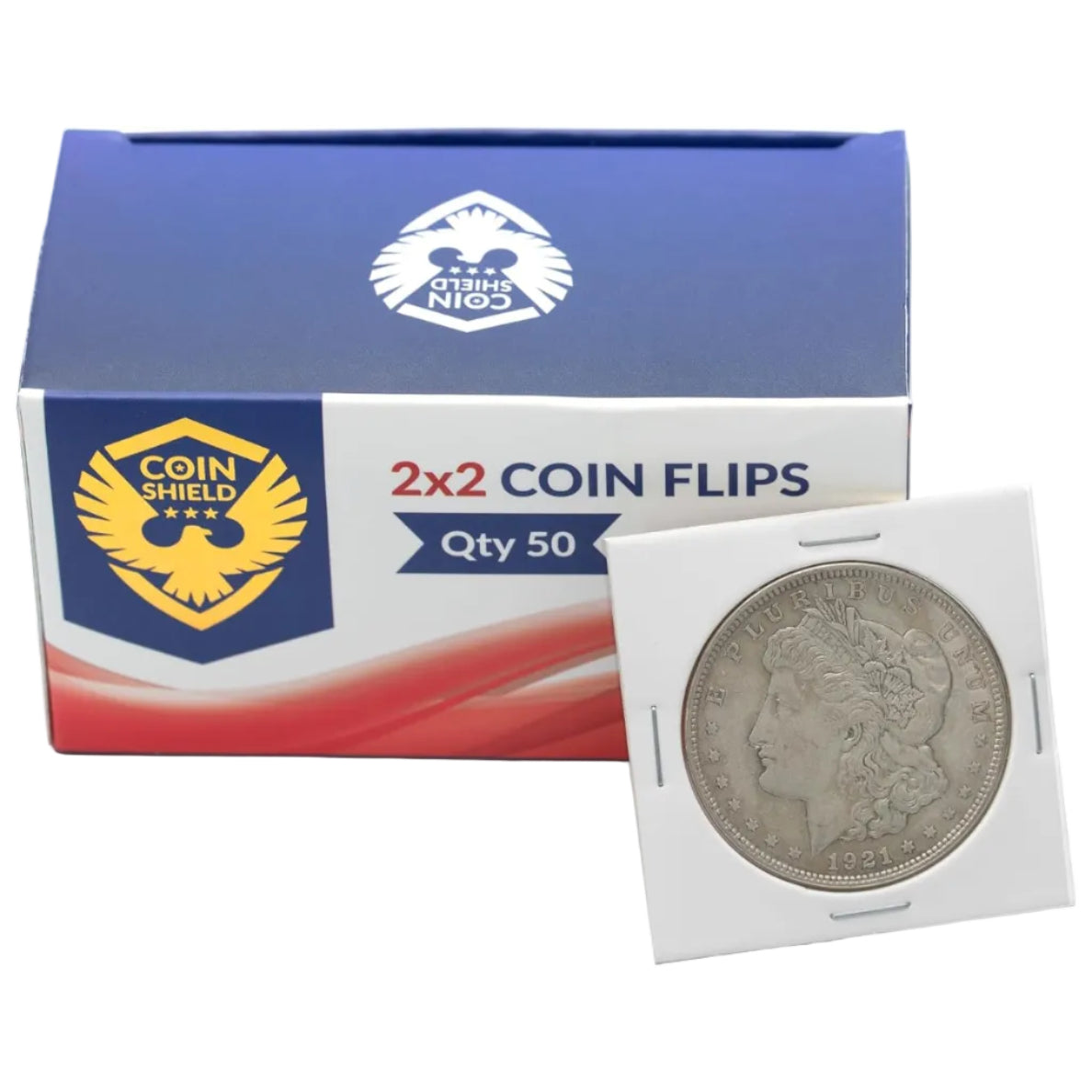 Coin Shield 2x2 coin flips packaging with a silver coin on a white background