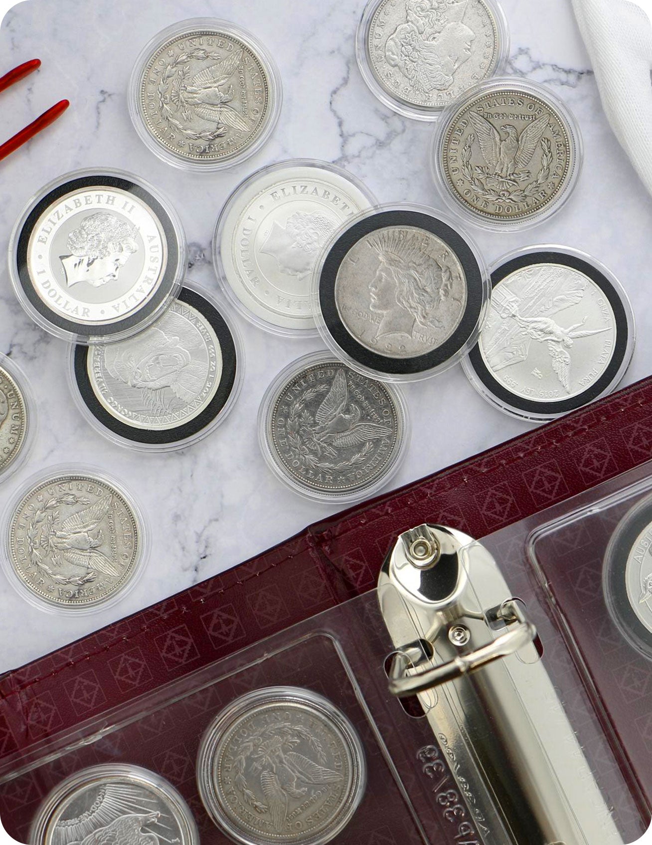 coins in clear acrylic holders with a binder designed for coins