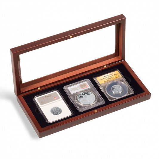 Mahogany Slab Presentation Box for 3 Certified Coins