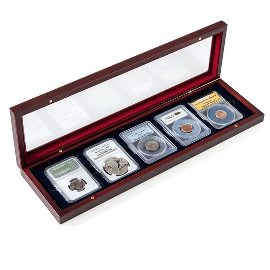 Mahogany Slab Presentation Box for 5 Certified Coins