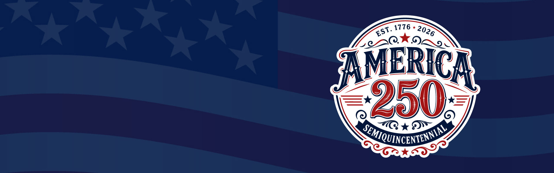 Logo celebrating America's 250th anniversary on a blue background with American flag pattern