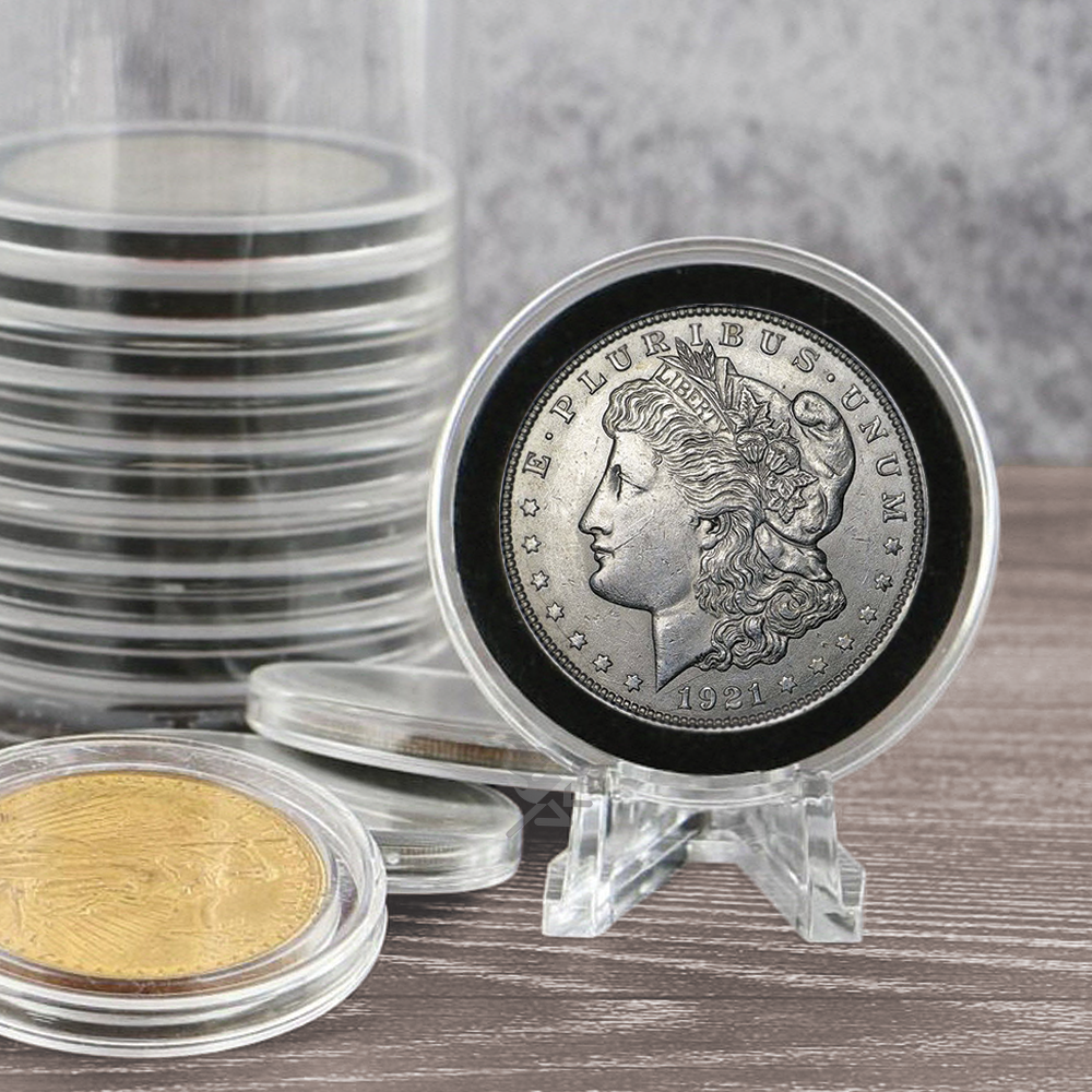 OnFireGuy Clear Display Easel shown displaying a coin in a coin case