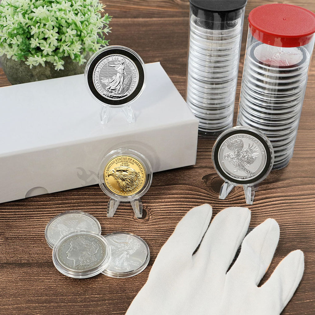 OnFireGuy Display Easels shown displaying silver and gold coins