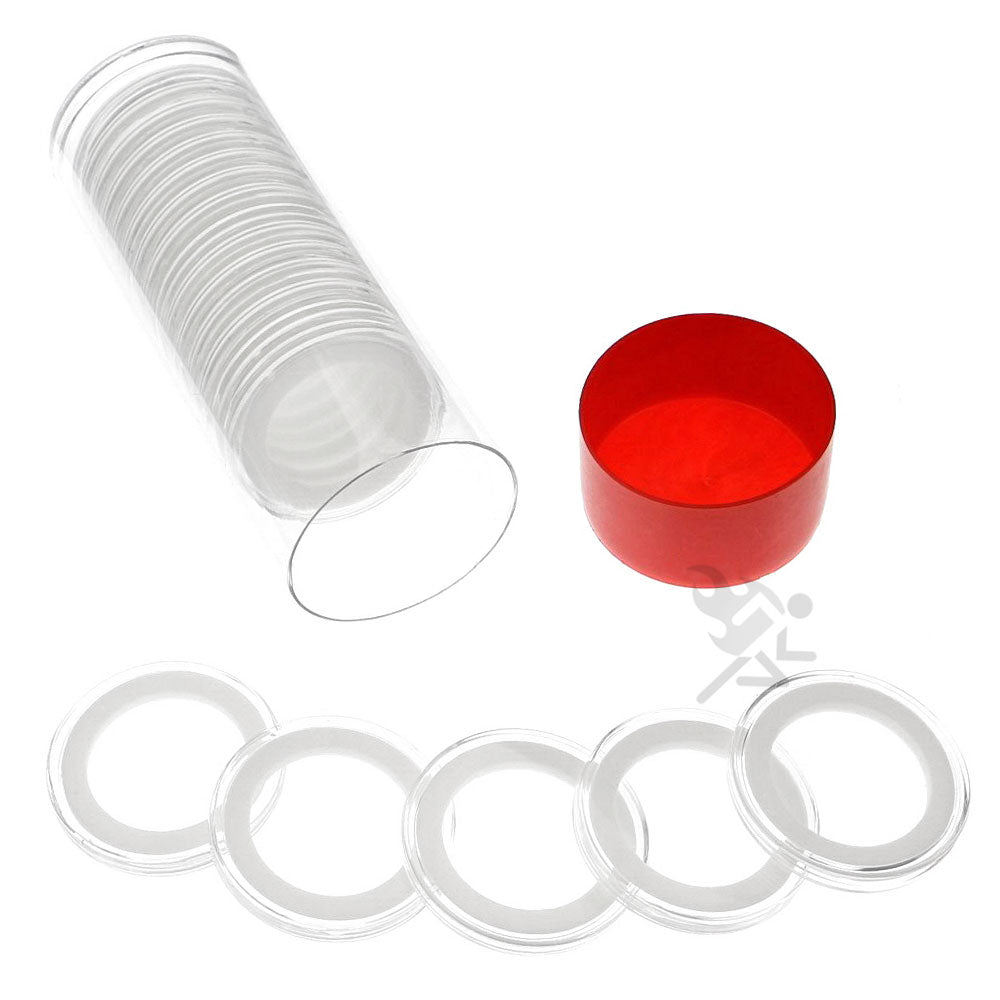 Capsule Tube & 20 Ring Fit 30mm Coin Holders for US Half Dollars