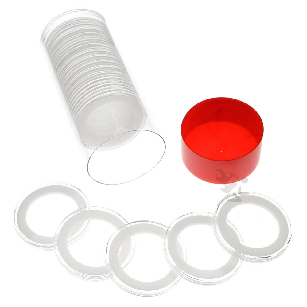 Capsule Tube & 20 Ring Fit 34mm Coin Holders for 1/2oz Silver Maple Leaf