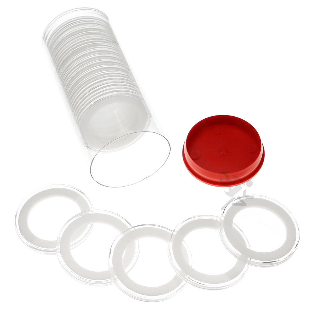 Capsule Tube & 20 Ring Fit 34mm Coin Holders for 1/2oz Silver Maple Leaf